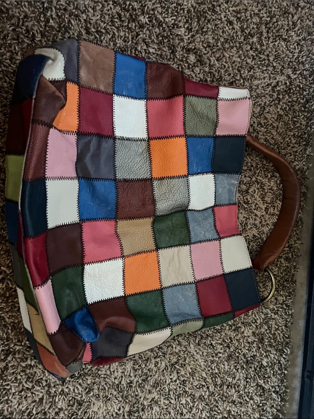 Multicolor Patchwork Leather Tote Bag - Colorful Checker Design